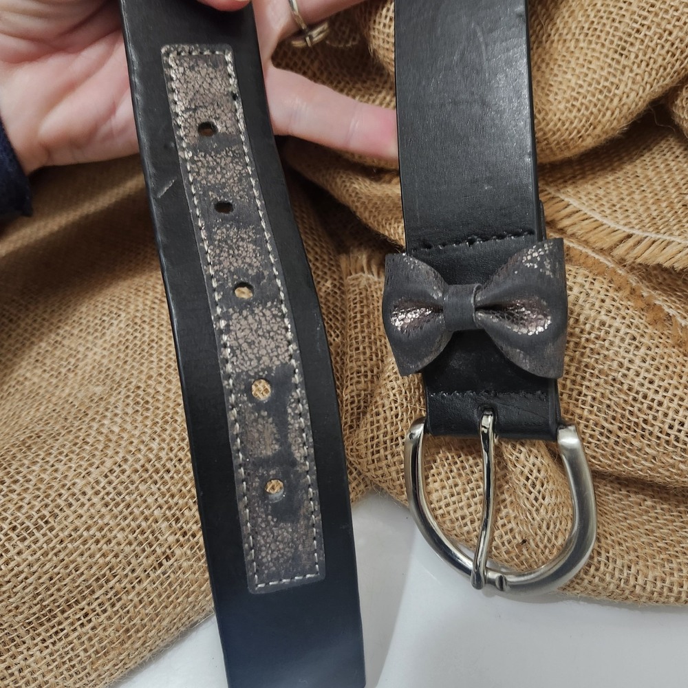 Women's Black Bow Accent Belt Silver‎ Buckle Faux Leather XL/XG